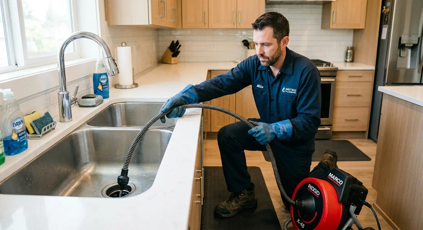 Drain cleaning technician using a motorized snake on a kitchen sink in Ambridge
