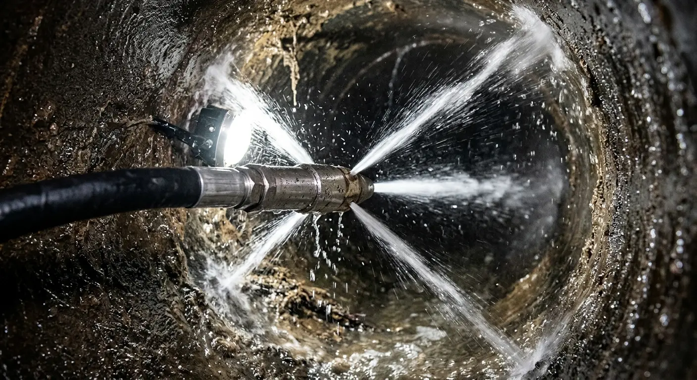 High-pressure hydro jetting nozzle cleaning sewer pipe for Trenchless Sewer Repair in Ambridge