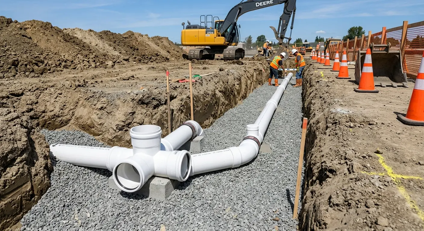 New PVC sewer pipe installation in open trench for Sewer Backup in Ambridge