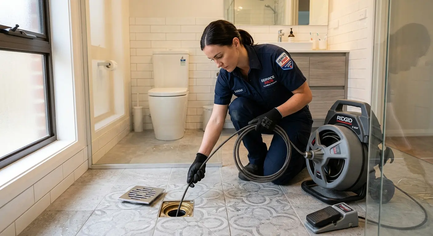 Technician clearing a bathroom floor drain for Drain Cleaning in Ambridge